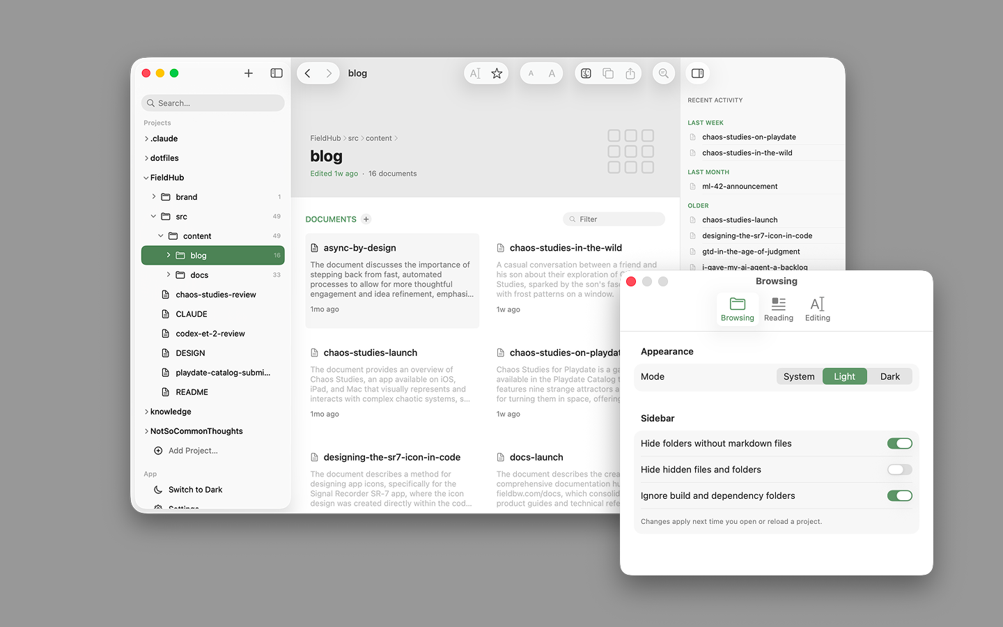 ML-42 showing a project folder as document cards with excerpts and modification dates, a sidebar of projects on the left and recent activity on the right, with the Browsing settings panel open over it.